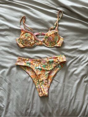 Floral Orange High-Waist Bikini Set - Retro Daisy Print